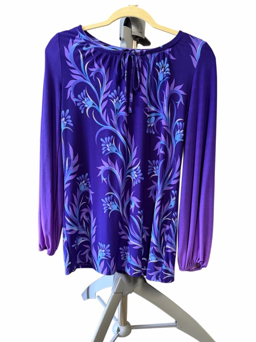 Bob Mackie Purple Floral Tie-Neck Long Sleeve Women's Top